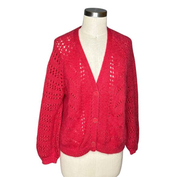 SEZANE Dereck V-Neck Mohair Button Down Cardigan Sweater Magenta Bold Size Small - Picture 2 of 7